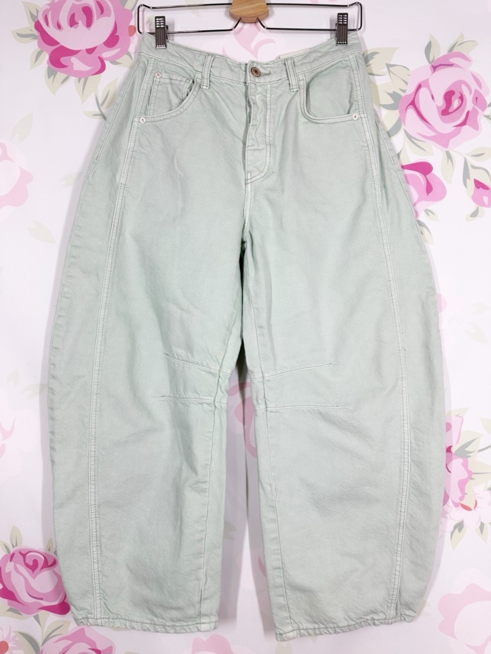 NEW Free People We The Free Pistachio Mint Green Lucky You Barrel Jeans 27